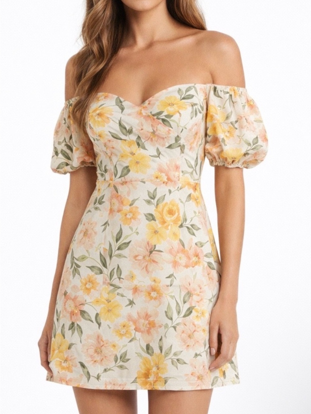 Astr Floral Dress in Cream Off Shoulder